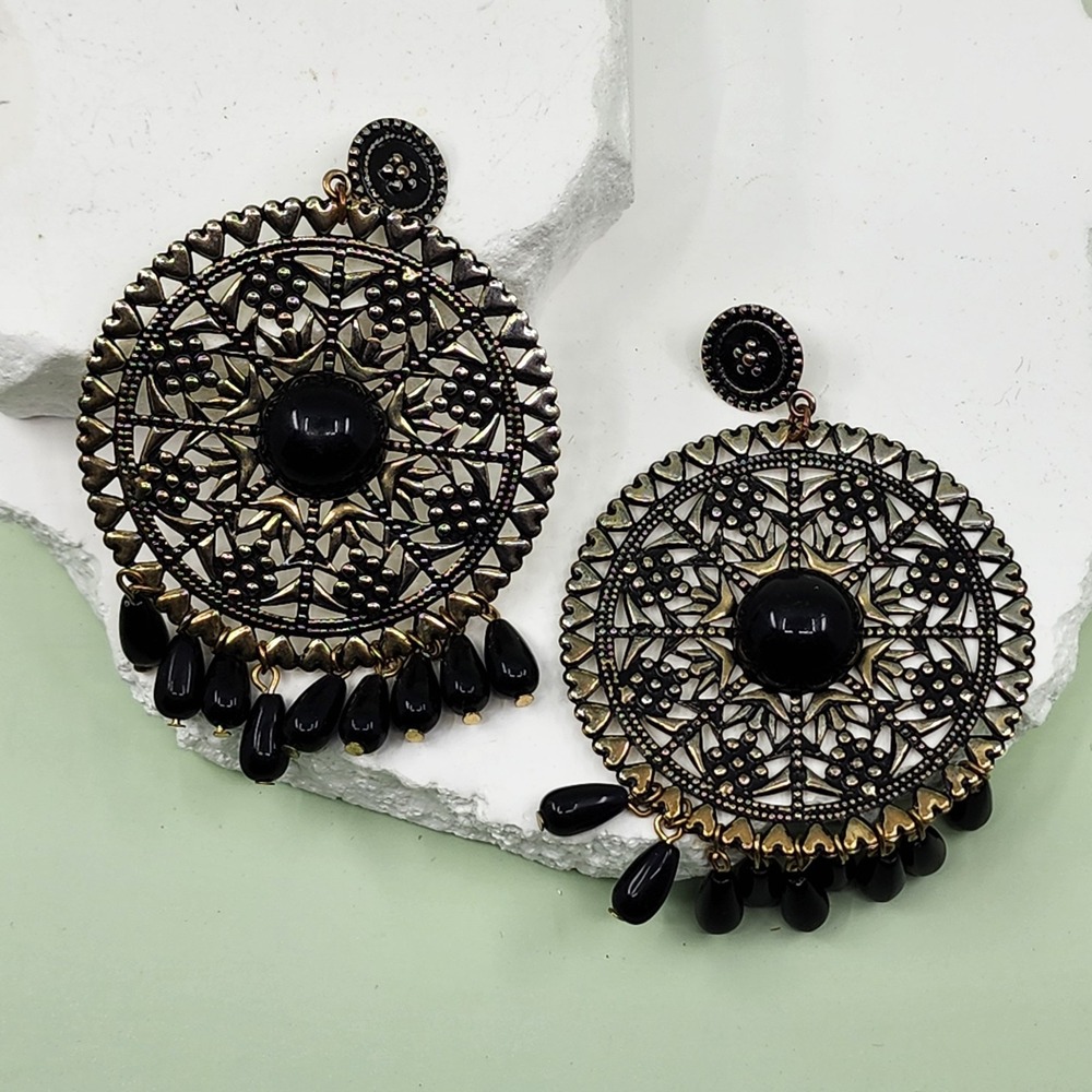 Vintage Boho Black Cabochon Medallion Drop Earrings Tribal Statement Dangles